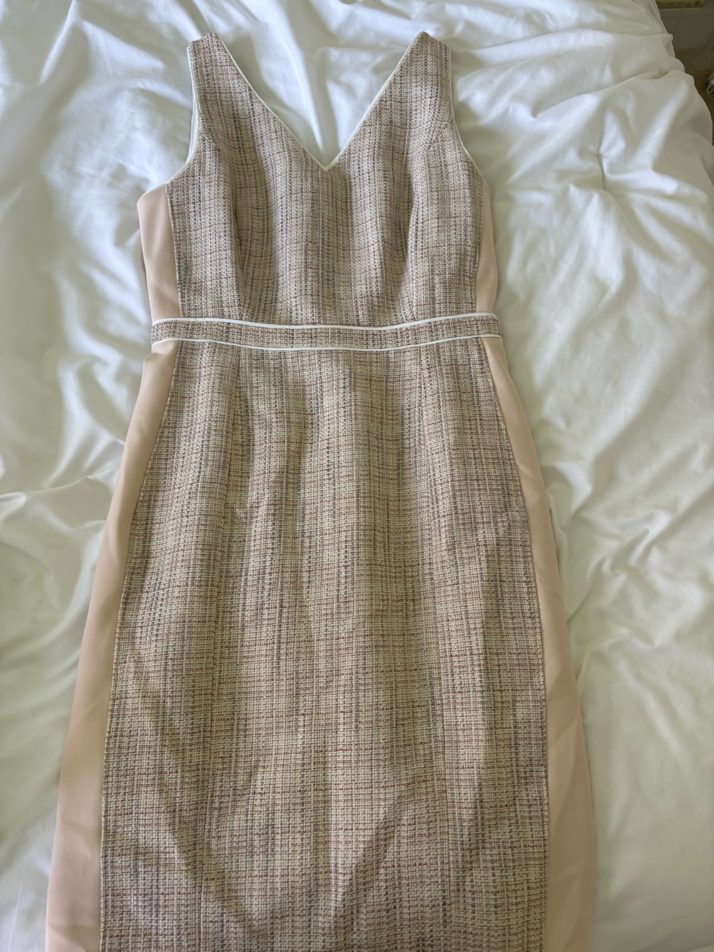 White House Black Market Beige Tweed Pencil Dress with Cream Side Panels